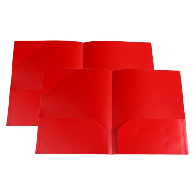 ZTTD 2Pcs Twin-Pocket Folders in red, made of heavy-duty plastic with a two-pocket design for organizing standard letter-sized documents. Each folder includes a die-cut business card slot on the right pocket and can hold up to 50 sheets per pocket. Ideal for office, school, or business use, these folders measure 29cm in length and 23.5cm in width, offering durability and scratch resistance.