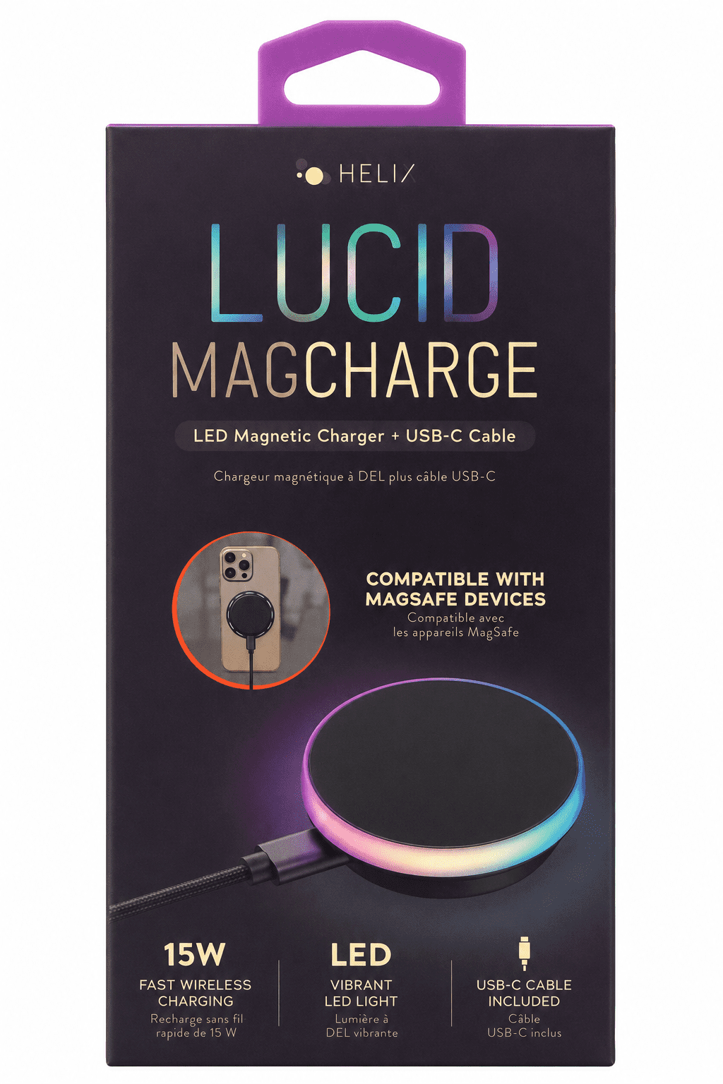 Helix Lucid 15W Qi Wireless Charger with MagSafe, 0.97m (3.2 ft.) Cable, Magnetic Fast Charging Pad for iPhone & Qi-Compatible Devices – Black