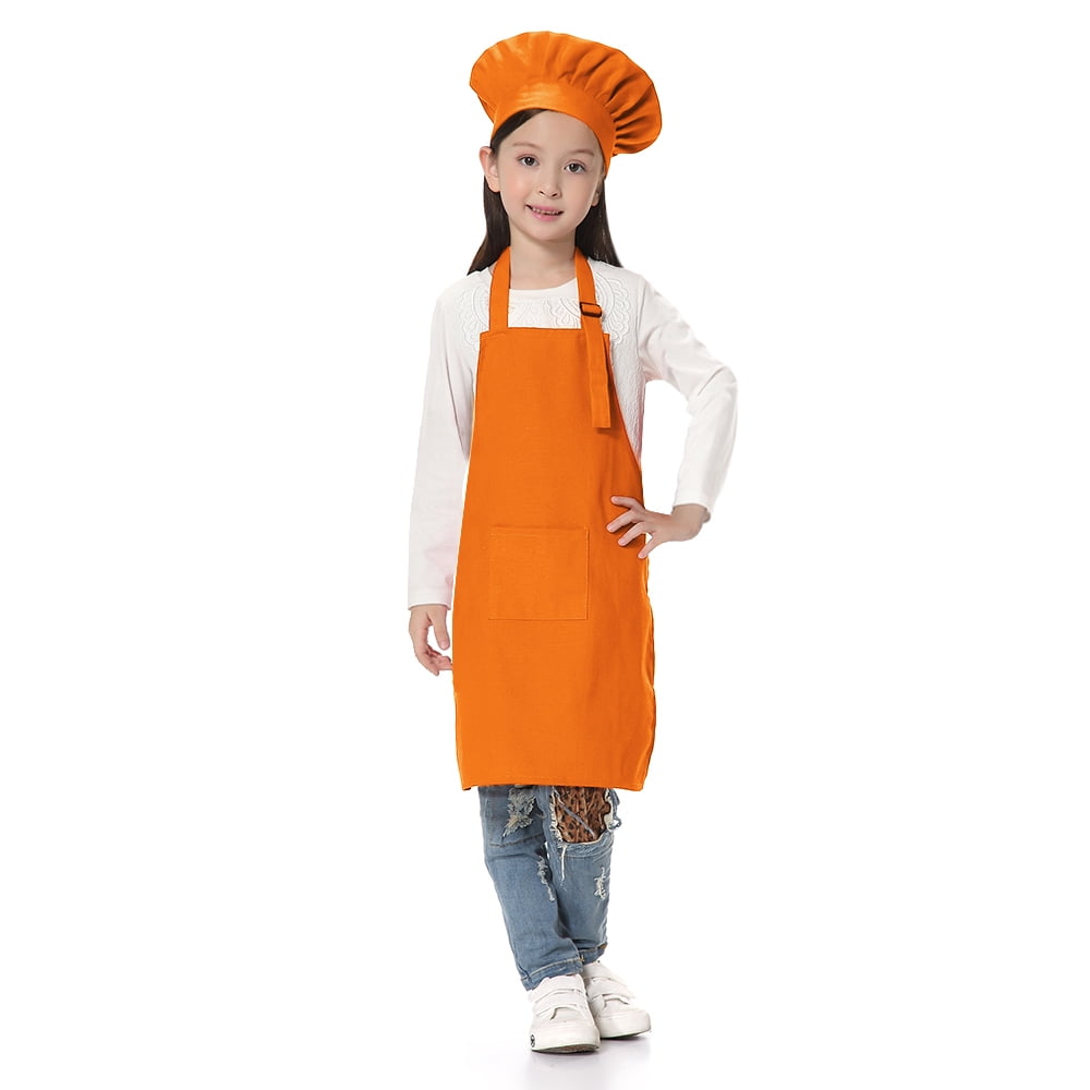 TOPTIE Kids Apron and Chef Hat Set, Adjustable Cotton Child Cooking Kitchen Apron, S-XXL-Orange-XXL