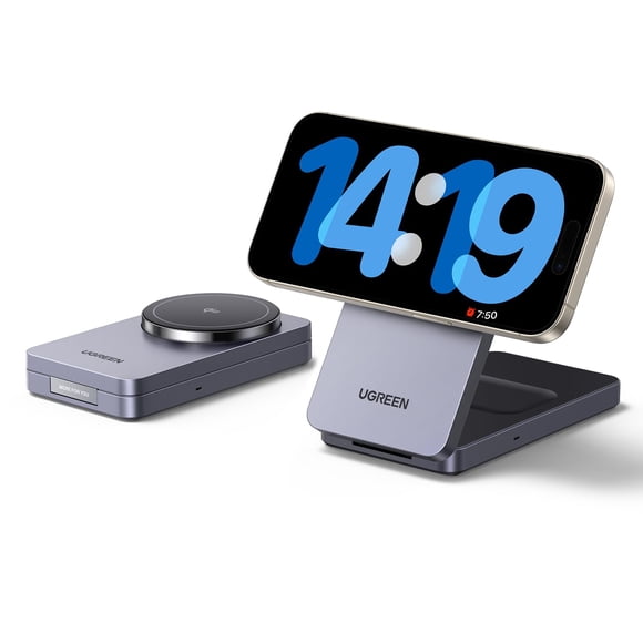 UGREEN Qi2 15W 2 in 1 Wireless Charging Station Magsafe Qi2 Certified Foldable Fast Charger Stand Compatible with iPhone 17 16 15 14 13 12 Series, Air