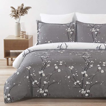 YEPINS Ensemble de Housse de Couette en Microfibre Douce Brossée avec Fermeture Éclair et Attaches d'Angle Motif Floral à Branches de Prunier Imprimé Couleur Gris et Blanc Design Réversible Format Très Grand (104x90 Pouces)