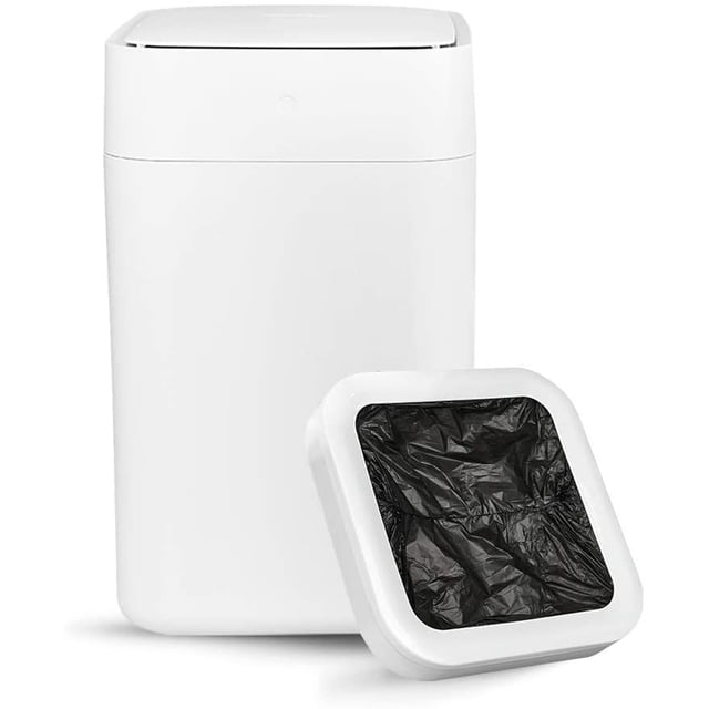 TOWNEW T1 self-sealing automatic trash can in white, featuring a sleek rectangular design with a motion sensor for hands-free operation. The image also shows a refill ring containing recyclable trash bags. This smart trash can is ideal for modern kitchens and smart homes, offering self-sealing and self-changing functionality with a touch of a button.