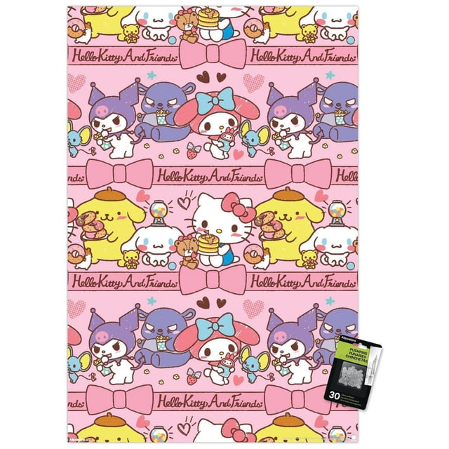 Hello Kitty and Friends : 25 Collation Time - Affiche Murale Collage, 14,725 Po x 22,375 Po Encadrée, Présentant un Motif Répétitif de Personnages Sanrio Incluant Hello Kitty avec des Crêpes, Pompompurin avec des Biscuits, My Melody avec un Nœud Bleu et une Peluche, Kuromi avec un Chapeau de Crâne, sur un Fond Rose avec des Nœuds Roses et des Cœurs, Convient pour Décorer des Chambres, des Bureaux Ou des Dortoirs.