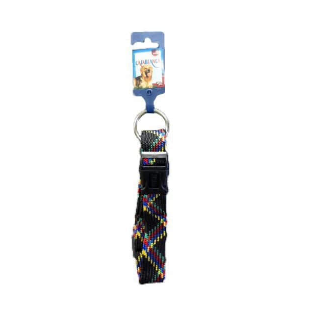 Trixie Adjustable Casablanca Collar with black nylon strap in multicolored plaid pattern, adjustable plastic buckle, and metal D-ring, designed for medium to large dogs 40-65 cm length and 1-inch width, suitable for training and everyday wear.