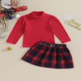 thumbnail image 2 of Girls Autumn 2 Piece Outfits Red Long Sleeve Ribbed Tops A-line Plaid Skirt Sets 1-2 Years, 2 of 7