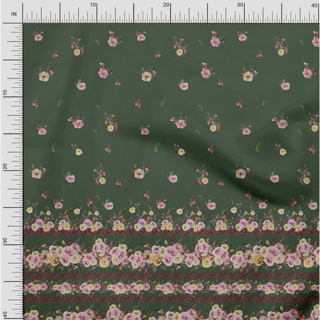 Soimoi Green Modal Satin Fabric Floral Panel Print Fabric by The Yard 42 Inch Wide