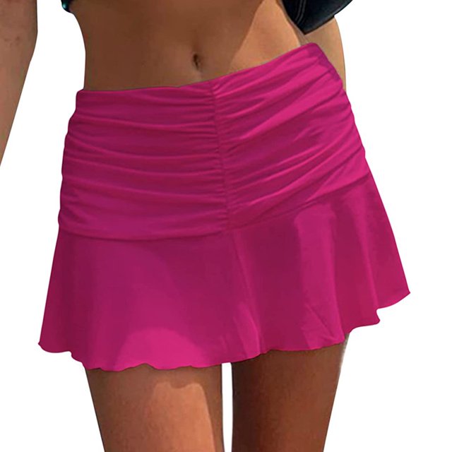 Female Solid Color High Waist Pleated Skirt Ruffled Short Dress S-L
