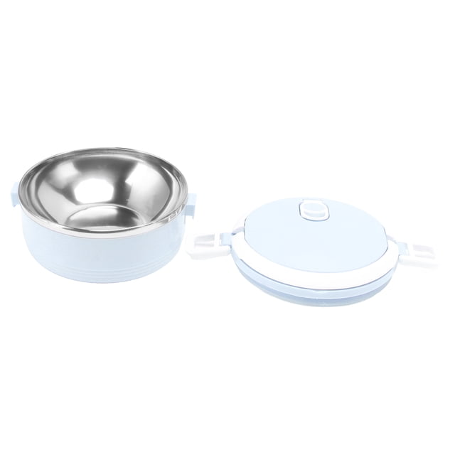 Termos Para Comida Caliente, Thermal Lunch Box for hot food made of stainless steel with a single-layer design. The image shows the portable insulated lunch box in light blue with its lid detached, revealing the stainless steel interior. The lid features a safety buckle and an air hole for pressure release. Suitable for adults and ideal for offices, schools, and picnics.