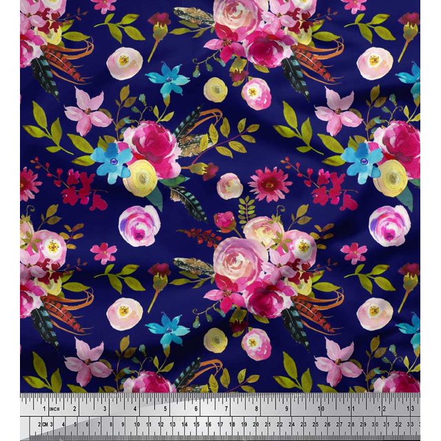 Soimoi Blue polyester Crepe Fabric Feather,Leaves & Ranunculus Floral Print Fabric by Yard 52 Inch Wide