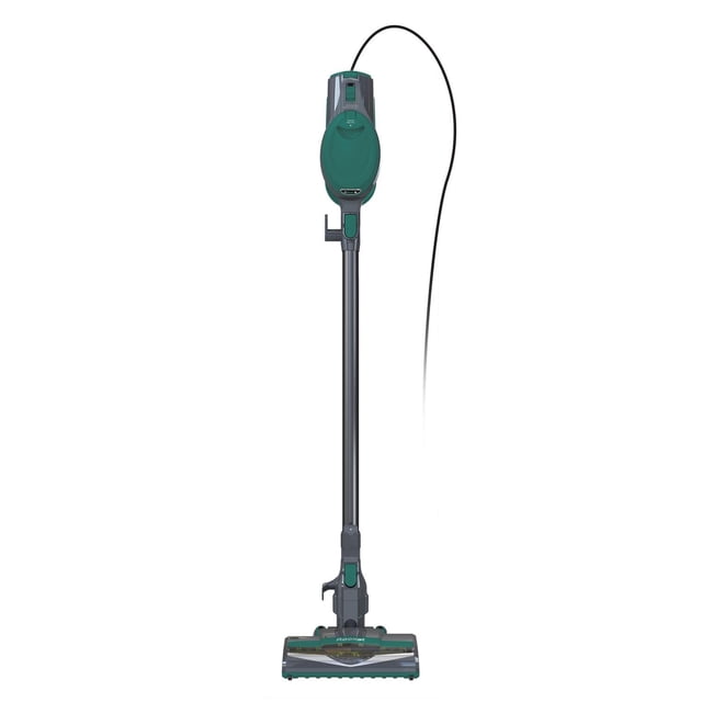 Shark® Corded Stick Vacuum, Green CS110EMC, front-facing with a slim green and dark gray body, long black wand, and swivel steering floor nozzle. Lightweight under 9 lbs, it converts to a handheld vacuum for versatile whole-home cleaning with nonstop corded power.