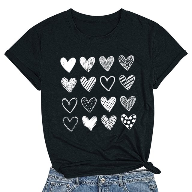 Meichang T-Shirts de la Saint-Valentin pour Femmes, T-Shirts Graphiques Mignons avec Cœur, Manches Courtes, Col Rond, Coupe Ample, T-Shirts de Fête, Cadeaux de la Saint-Valentin