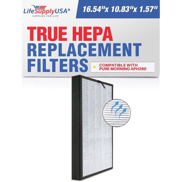 LifeSupplyUSA 3-in-1 True HEPA Air Cleaner Replacement Filter + Pre-Filter + Carbon Filter Compatible with Pure Morning APH260 Air Purifiers