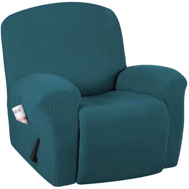 Housse Extensible pour Fauteuil Inclinable 1 Pce en Bleu Sarcelle Foncé, Fabriquée en Tissu jacquard durable à Haute Extensibilité avec un Motif Texturé à Petits Carreaux. Conçue pour s'Adapter aux Fauteuils Inclinables avec un Tour de Dossier de 78-88 Pouces et une Largeur d'Assise de 24-33 Pouces. Comprend une Poignée Côté Droit, une Pochette, un Repose-Pieds Continu et des Boucles Élastiques pour un Ajustement Sécuritaire. Convient aux Fauteuils Inclinables Manuels et Électriques, Offrant une protection Complète contre les Déversements, les Taches et l'Usure. Lavable à la Machine