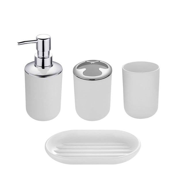 4 Piece Bathroom Accessory Set with Soap Dispenser Pump, Toothbrush Holder, Tumbler, and Soap Dish in white PP plastic. Features a modern design with silver accents, suitable for bathroom countertop organization. Perfect for use in homes, hotels, or as a housewarming gift.