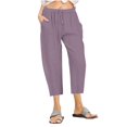 thumbnail image 1 of Penkiiy Women's Plus Size Cotton Linen Drawstring Cropped Capris, Purple, 5XL, 1 of 5