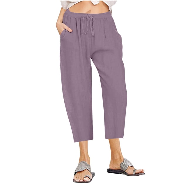 Penkiiy Women's Plus Size Cotton Linen Drawstring Cropped Capris, Purple, 5XL