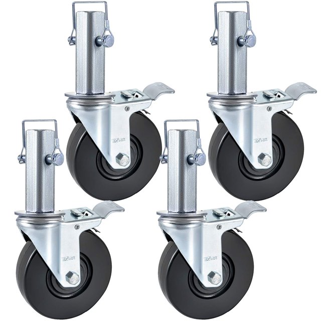 BestEquip Lot de 4 Roues Pivotantes en Caoutchouc de 5 Pouces pour Échafaudage avec Double Verrouillage, Roulettes Robustes, Tige Carrée de 1,26 Pouce, Capacité de 440 Lb par Roue