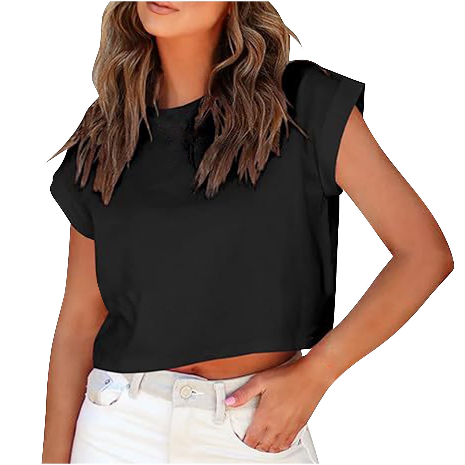 Timegard Hauts pour Femmes Col Ras du Cou Manches Courtes à Revers Haut Court d'Été T-Shirts Basiques Décontractés Amples Camisole Blouse