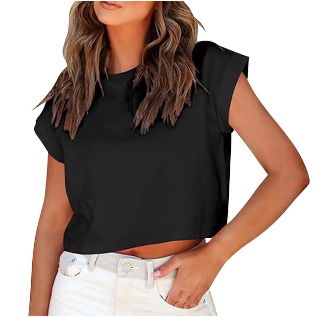 AherBiu Hauts Courts pour Femmes Manches Cap Été Décontracté Basique Haut T-Shirts Chandails Col Rond T-Shirts Confortables
