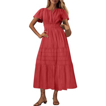 yoeyez Robes de Printemps pour Femmes 2025 Été Robe Midi Maxi Froncée Plissée Manches Courtes Col en V Longue Robe Taille Élastique Robe Bohème de Plage Poches Rouge,P
