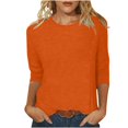 thumbnail image 2 of CHUANK T-Shirt Ajusté à Col Rond Mignon pour Femmes, Décontracté, Mi-Long, Manches 3/4, Blouse Extensible, Basique, Uni, Hauts, 2 of 5