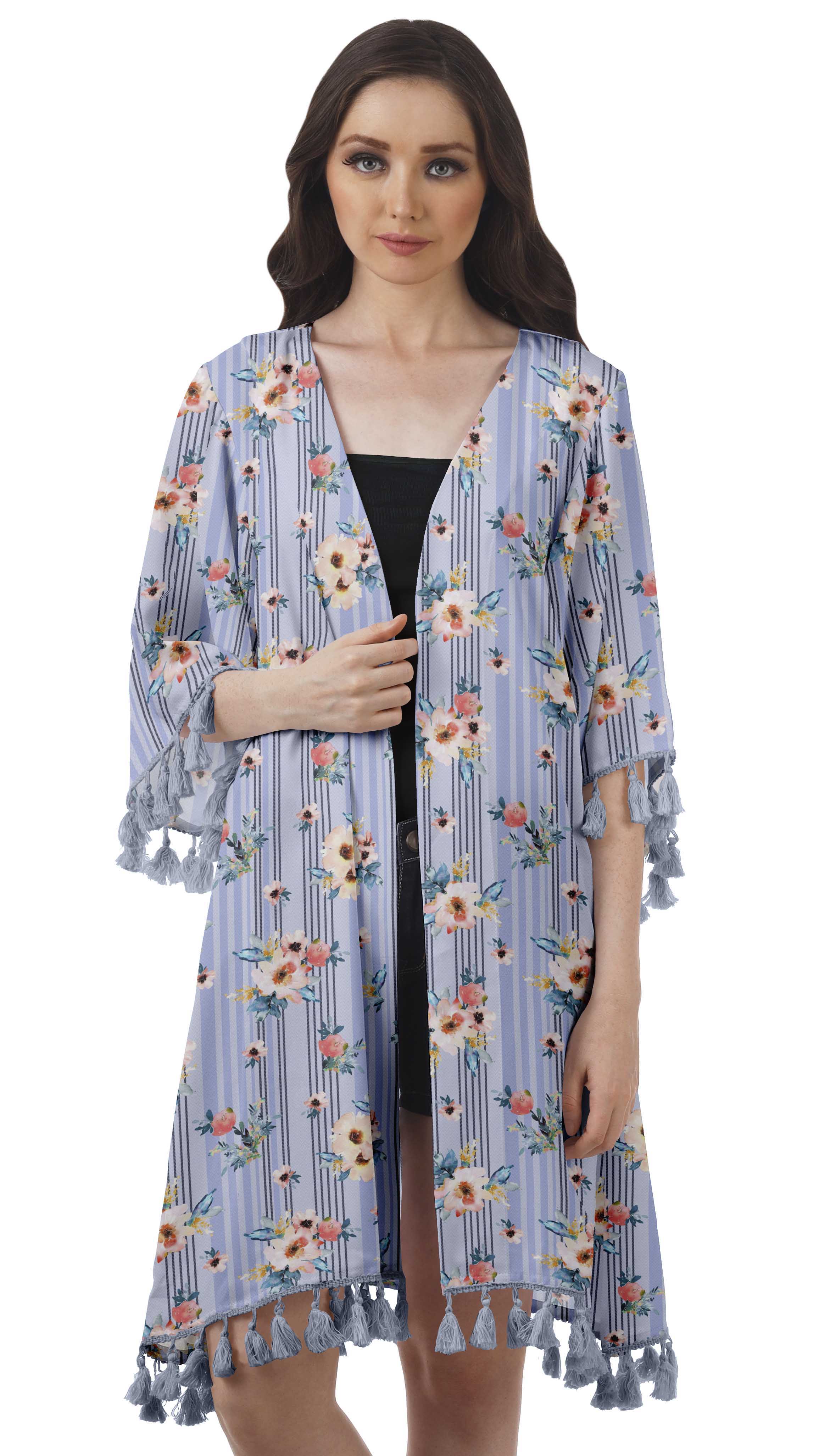 Moomaya Boléro Imprimé à Ouverture Frontale, Manches 3/4, Georgette, Couvre-Maillot de Plage pour Femmes