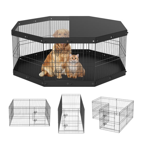 VEVOR 8 Panels Foldable Metal Dog Exercise Pen with Top Cover and Bottom Pad, 24" H Pet Fence Puppy Crate Kennel