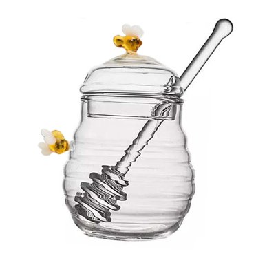 Pot à Miel Transparent, Pot à Miel en Verre avec Trempette et Couvercle, Verre pour Table à Manger Bureau Maison Mariage Fête Sirop
