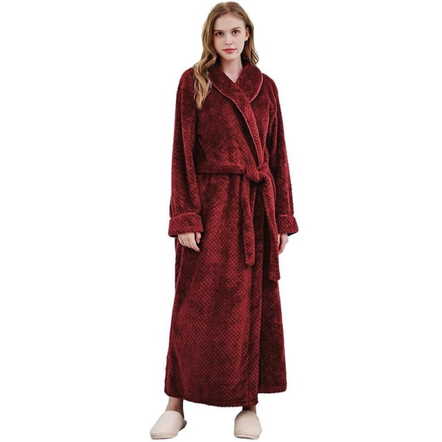 Women's Plush Fleece Robe with Elastic Waist Design Long Warm Solid Bathrobe Dressing Nightgown