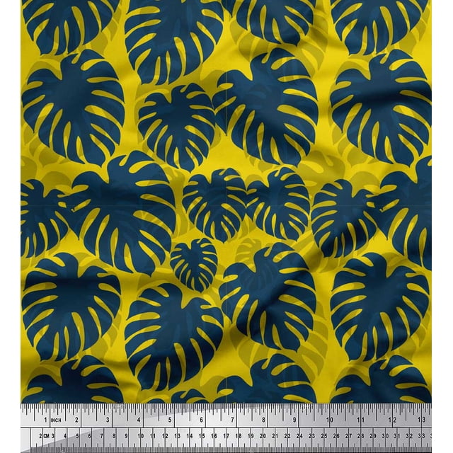Soimoi Yellow polyester Crepe Fabric Monstera Leaves Print Fabric by Yard 42 Inch Wide