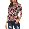 thumbnail image 1 of INSPIRE CHIC Hauts pour Femmes Non Doublés Col Rond Manches au Coude Coupe Ajustée T-Shirt Décontracté S Noir-Floral, 1 of 7