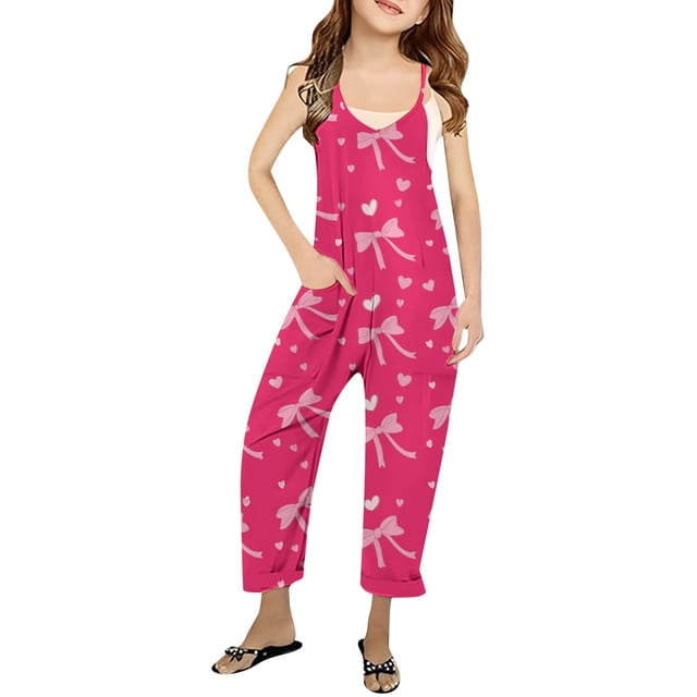 Girls Overall Bow Print Summer Rompers for Girls Spaghetti Strap Overalls with Side Pockets Preppy Clothes 4-5 Y