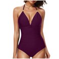 thumbnail image 3 of VBTAPA Tummy Control Swimsuits for Women Full Coverage One Piece Bathing Suits Metal Halter V Neck Ruched Slimming Swimwear Big Sales Today Wine L, 3 of 5