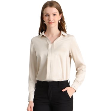 INSPIRE CHIC Chemises Élégantes pour Femmes Col en V Col Pointu Manches Longues Blouse Satin Lisse TG Abricot