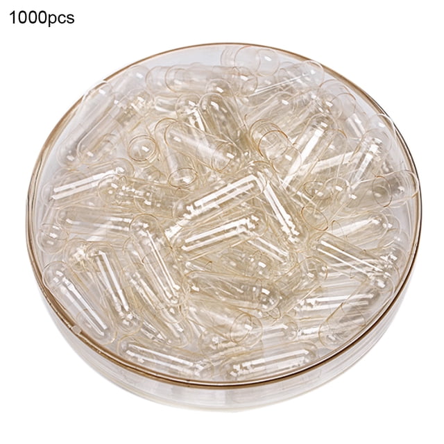 Flmtop 1000Pcs Transparent Hollow Gelatin Empty Separated Medical Powder Capsule Shells arranged in a clear bowl. These mini-sized capsules, made of gelatin, are suitable for storing solid medicine and masking odors. Designed for home health care and pill organization, they improve drug stability and are convenient for travel. Includes approximately 1000 pieces with slight count variations.
