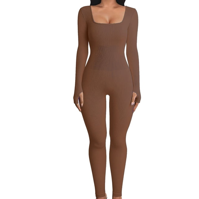 Fortune Women Bodysuits Ribbed Knit Bodycon Jumpsuits Long Sleeve One Piece Romper