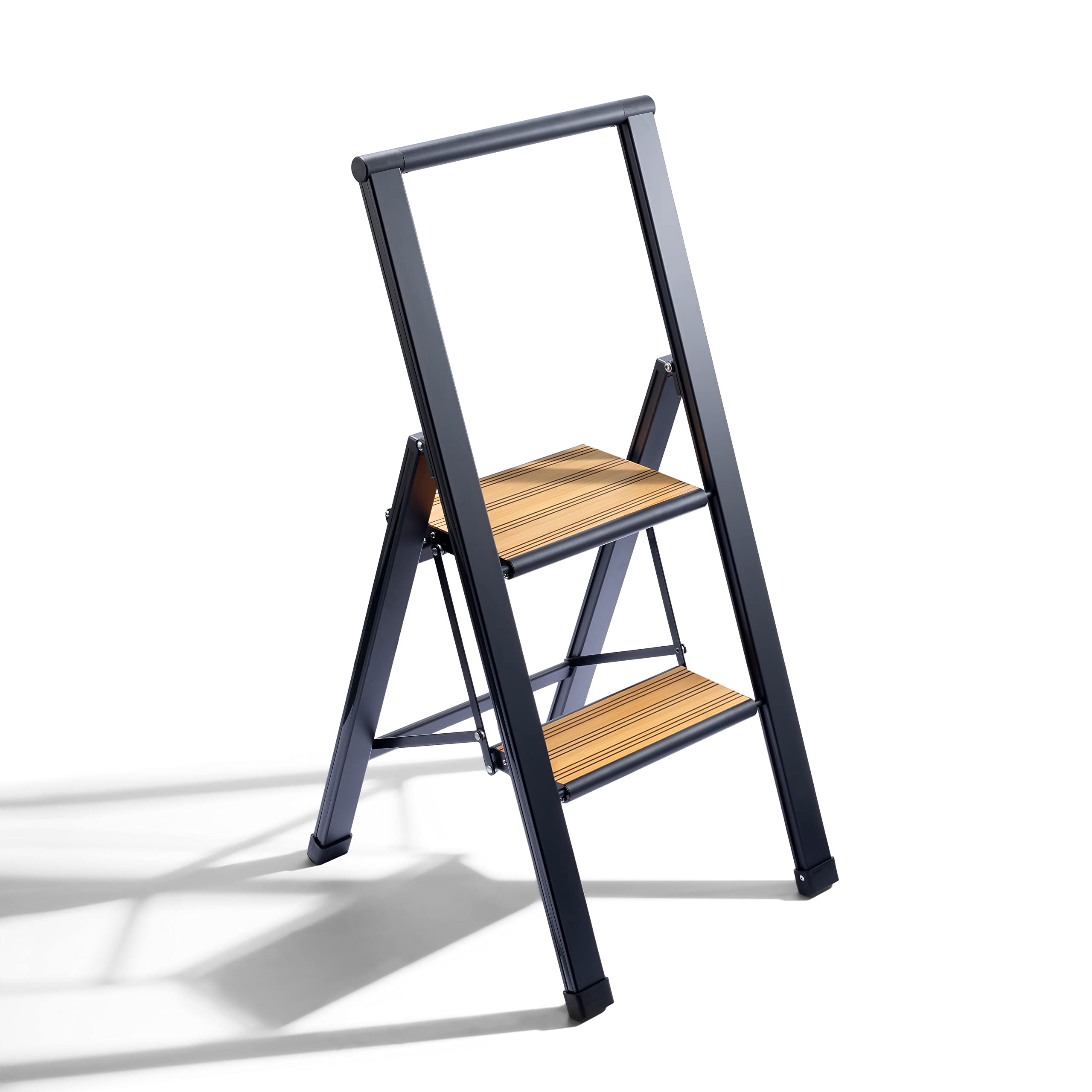 Step Ladder 2 Step Folding Decorative - Beautiful Bamboo & Black Aluminum Lightweight Ultra Slim Profile Anti Slip Steps Sturdy-Portable for Home Office Kitchen Photography Use by SORFEY
