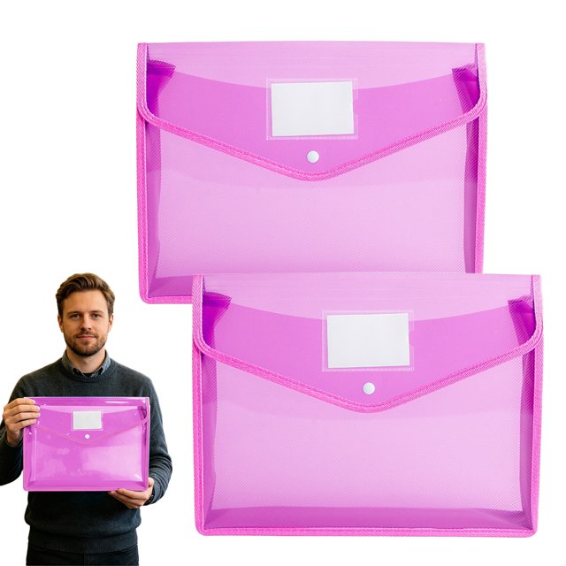 2PCS Documents Holder Envelope Folder, File Storage Bag with Button Transparent Plastic, Certificate File Holder Document Folder, Pink