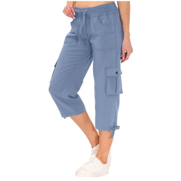 LOVZFMLL Women's Capri Pants, Capris Pants with Pockets Loose Casual Dressy Ladies Baggy Cargo Shorts for Hiking Light Blue, 2XL