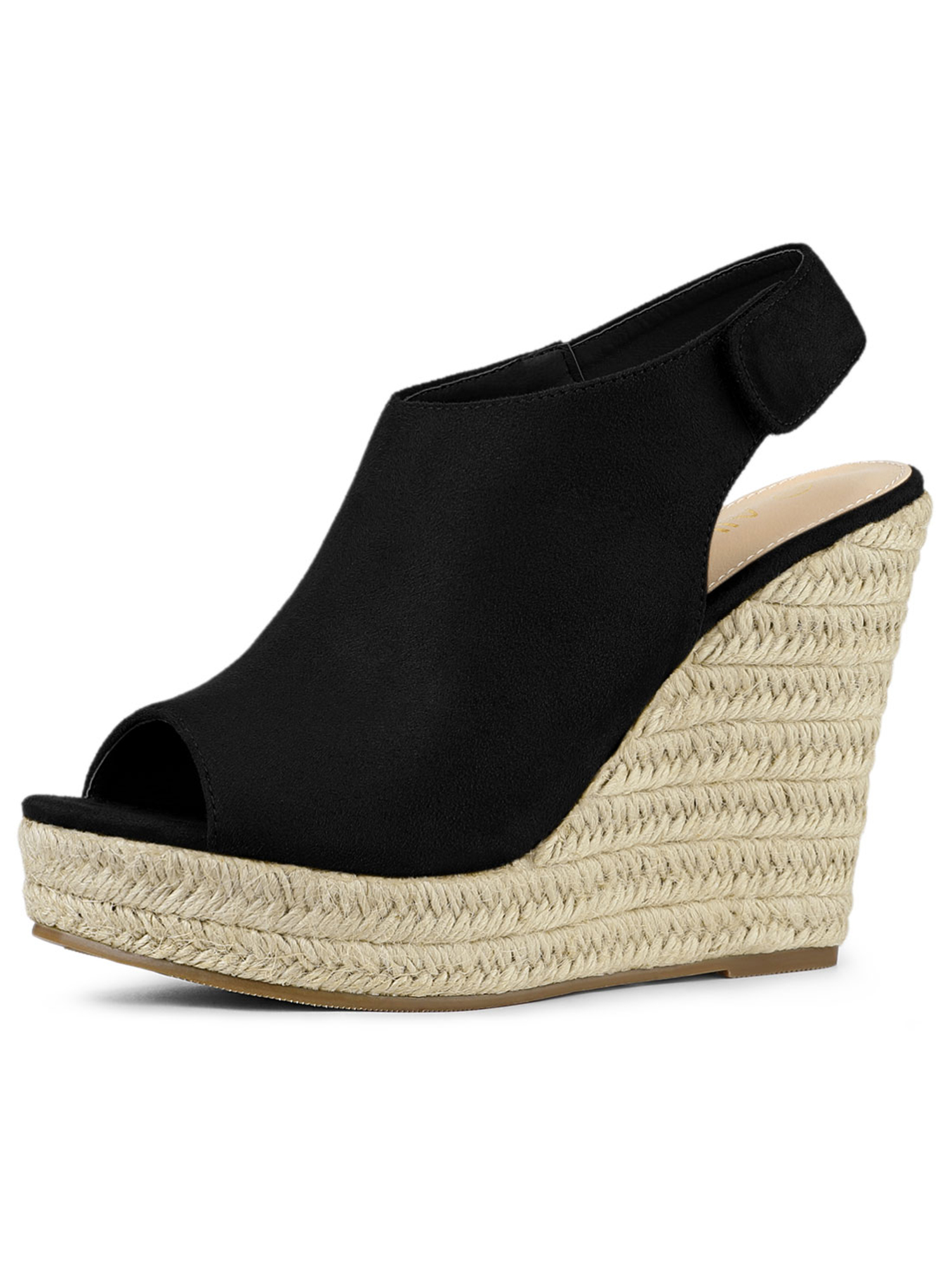 BLISSFUL STEP Chaussures pour Femmes Espadrilles à Plateforme Compensée à Bout Ouvert Sandales Slingback Noir 5,5