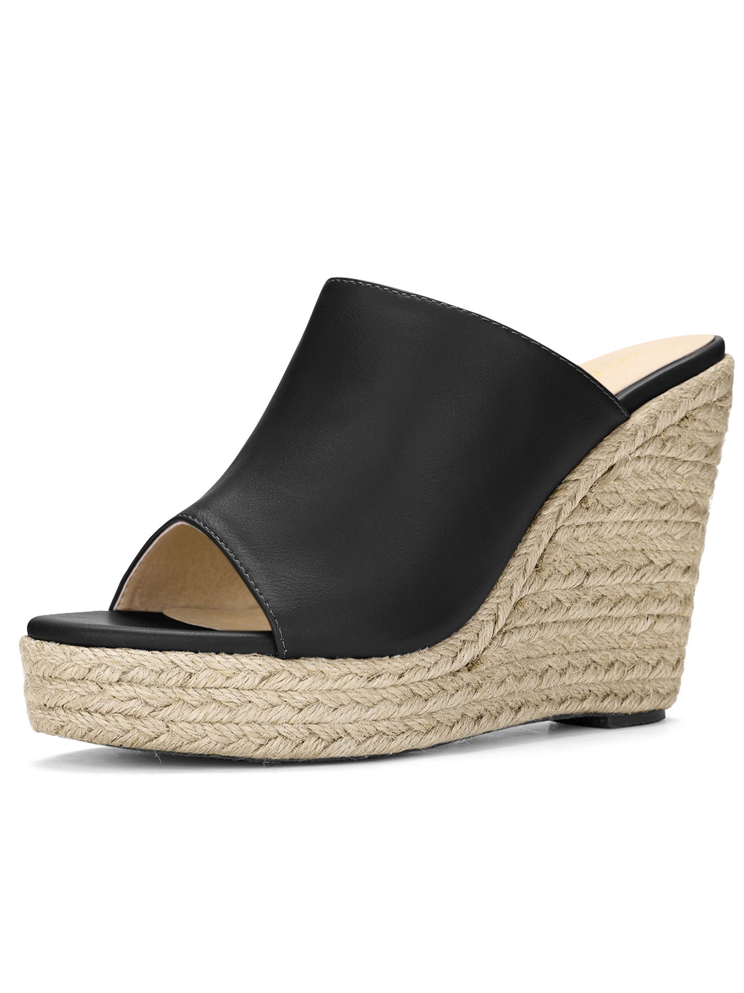 BLISSFUL STEP Chaussures pour Femmes Talon Compensé Bout Ouvert Espadrilles Mules à Plateforme Noir 9