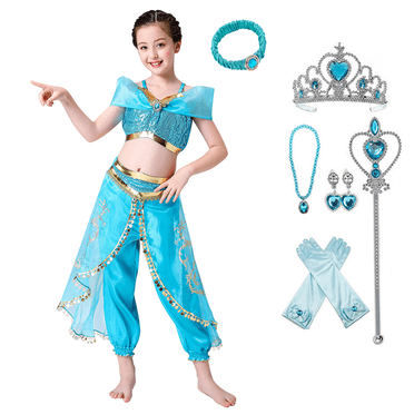 HAWEE Jasmine Costume pour Filles Robe de Princesse à Paillettes Déguisement de Princesse Cosplay Costumes