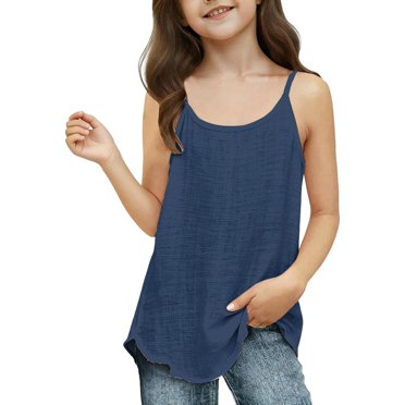 Qopobobo Girls Tops Girls Cotton Linen Camisole Tops Spaghetti Strap Breathable Undershirts Tank Top Toddler Plain Soft Summer Beach Clothes Navy,5-6 Years