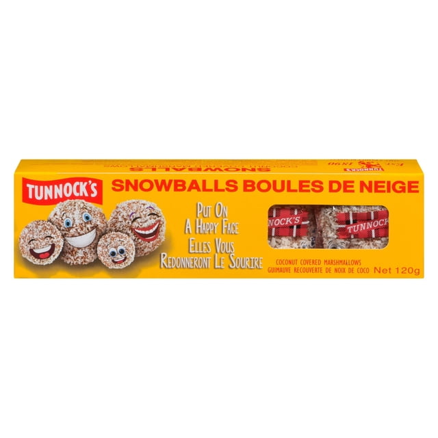Tunnocks Snowballs Coconut Covered Marshmallows in a yellow rectangular box showing four smiling snowball illustrations on the left and a clear window on the right with four individually wrapped marshmallows labeled with red Tunnock's branding, net weight 120g, bilingual English and French text for Canadian consumers.