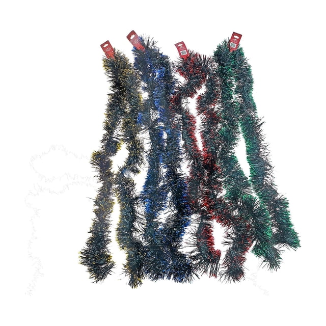 2M Black Tinsel Garland With Metallic Tips (Asstd) - Set of 12 showing assorted black tinsel garlands with metallic gold, blue, red, and green tips, each featuring dense 7-ply strands and red product tags, suitable for Christmas greenery and holiday decoration, arranged vertically on a white background.