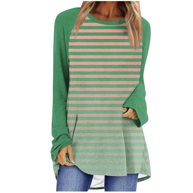 Hauts pour Femmes Tendance à Col Rond Raglan à Manches Longues Chandails à Enfiler Hauts Mode d'Automne Décontractés à Rayures Amples Surdimensionnés Blouses Hauts et Blouses pour Dames P-106 Vert 3TG