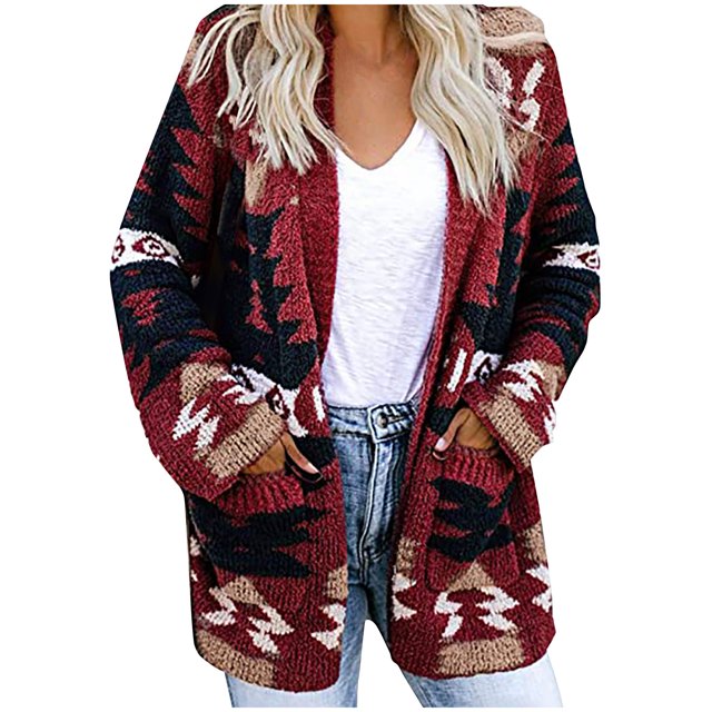 Cardigans, Chandails et Manteaux à Manches Longues Ouverts à l'Avant pour Femmes avec Poches (Rouge, M)