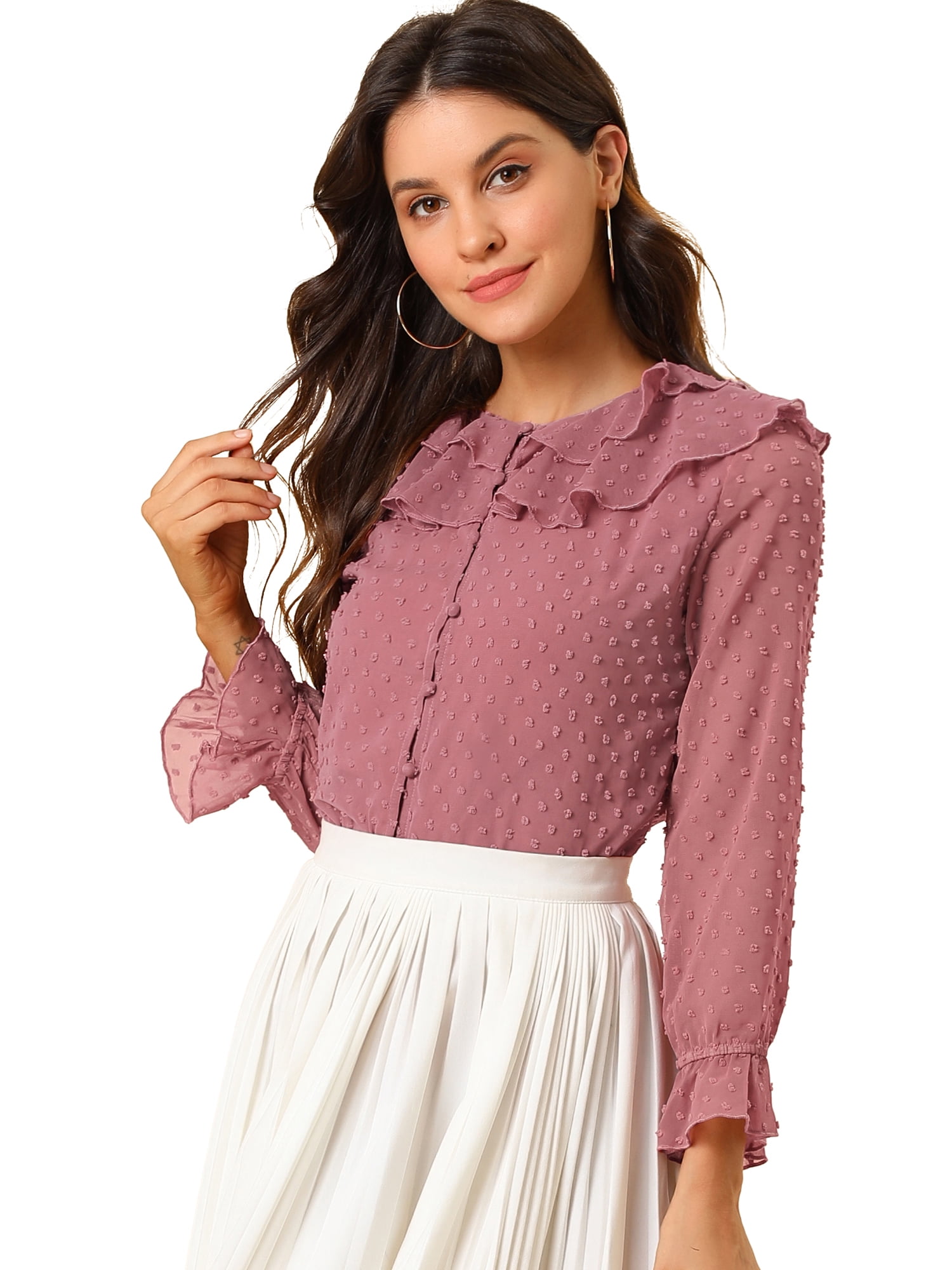 INSPIRE CHIC Women's Ruffle Neck Polka Dots Sheer Chiffon Blouse