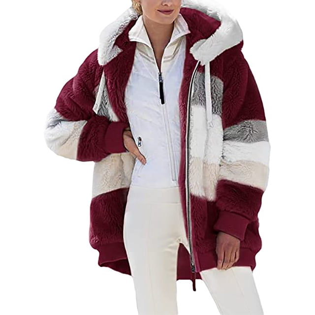 FAIWAD Women's Full Zip Fuzzy Fleece Hooded Coat Color Block Drawstring Fall Winter Warm Coat with Pockets