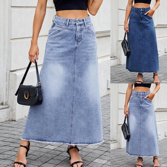 Sentmoon Jean Mini Skirt Oversized High Waist Boho Denim Skirt with Pockets Flowy Pleated Hawaiian Solid Color Loose Stretchy Skirt for Women Delightful Fall for City Sightseeing in Fall XL